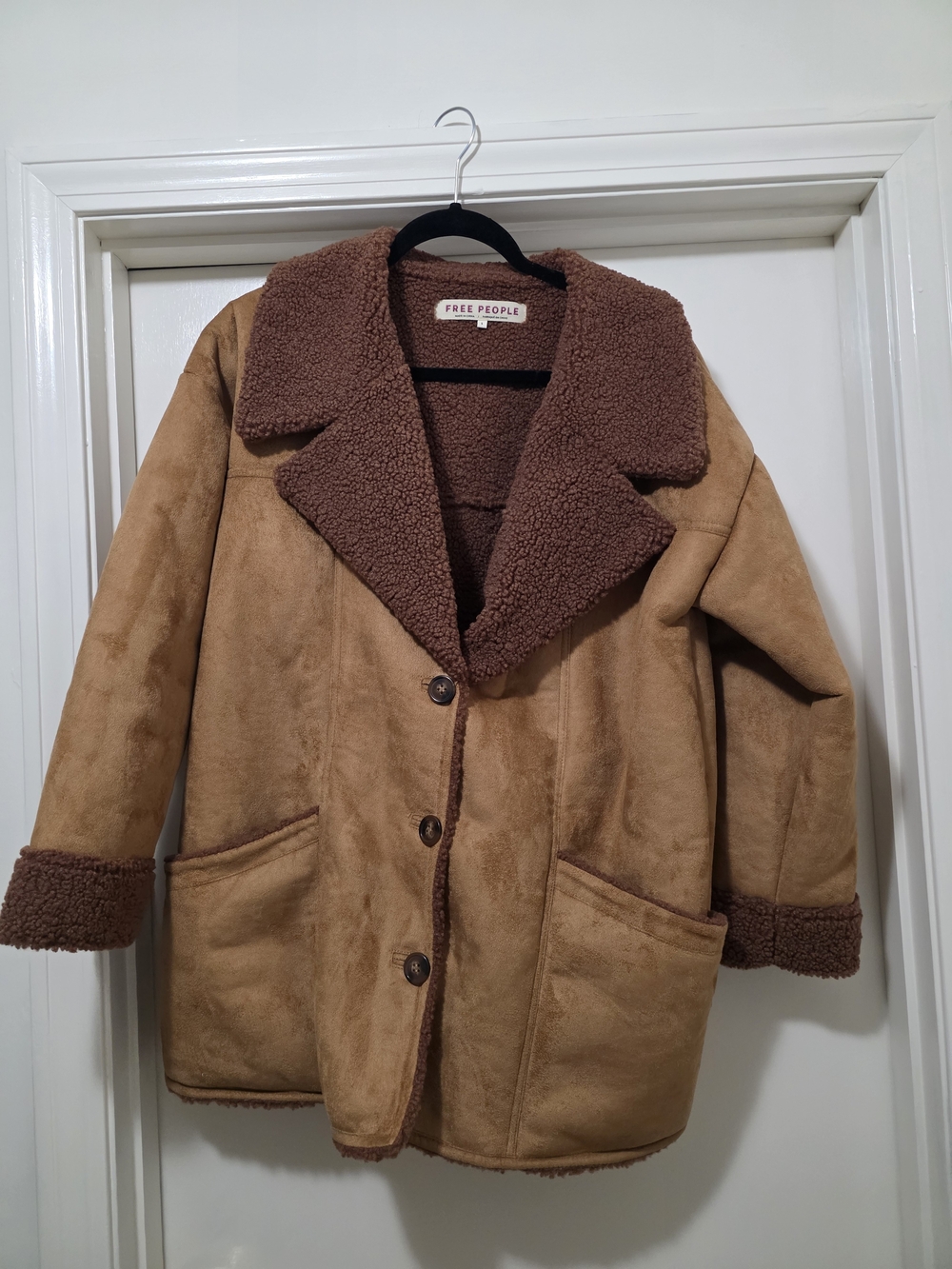 Free People Two-Tone Tan and Brown Teddy-Trim Coat